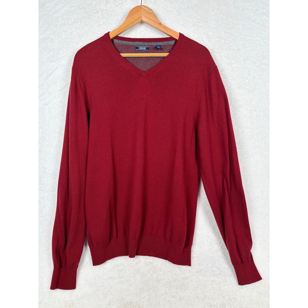 IZOD V-Neck Sweater Mens Large Red Classic Cotton Wool Blend Pullover A-974